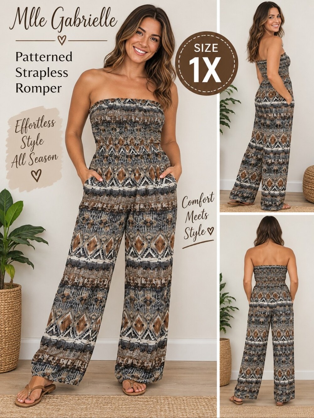 Mile Gabrielle women's 1X brown patterned romper #16